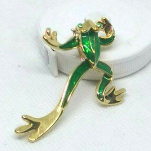 Frog Brooch Pin Leaping Jumping Green Gold